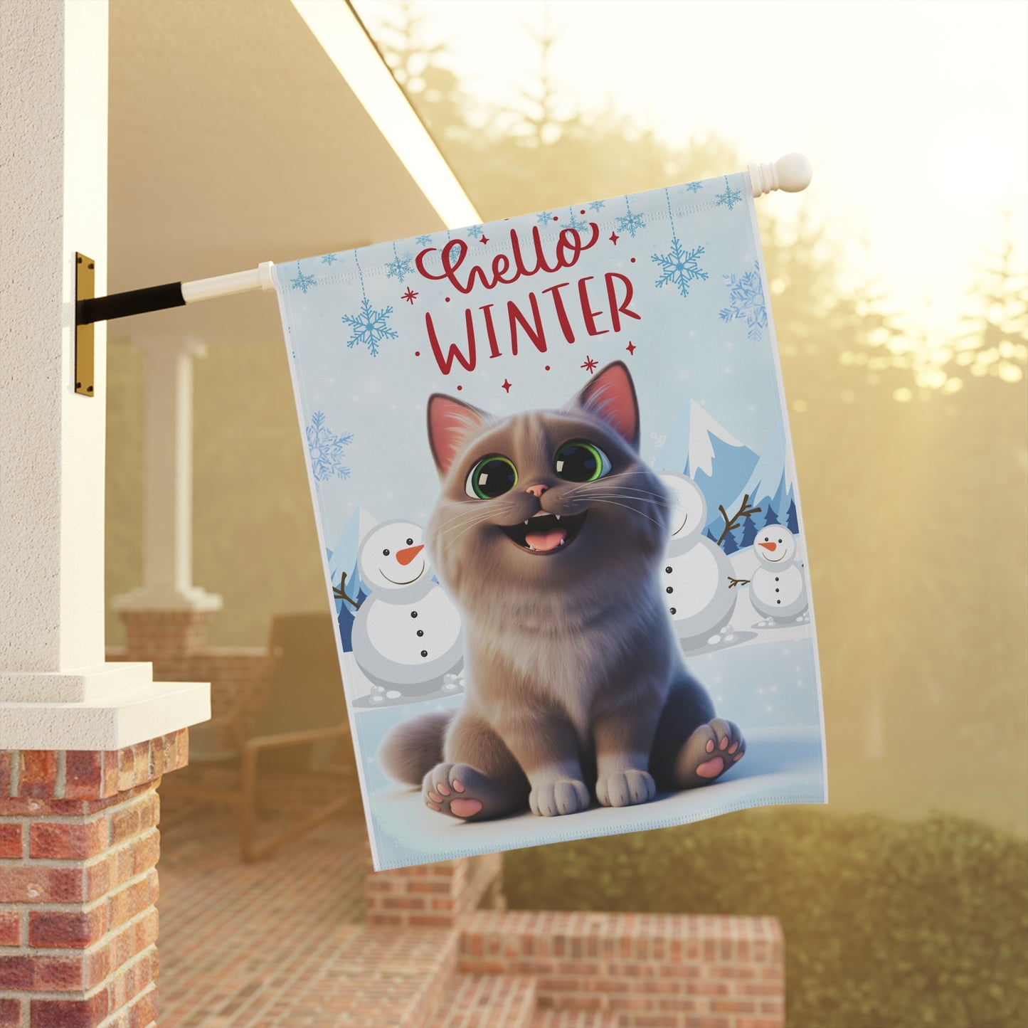 Short hair brown tabby cat Hello Winter Garden Banner