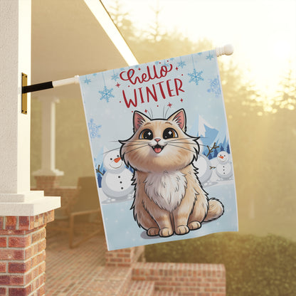 Long hair cream cat Hello Winter Garden Banner