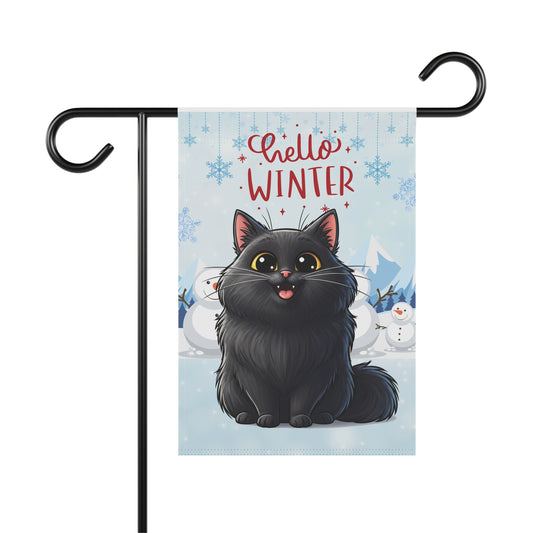 Long hair black cat Hello Winter Garden Banner