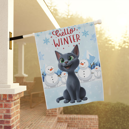 Short hair gray cat Hello Winter Garden Banner