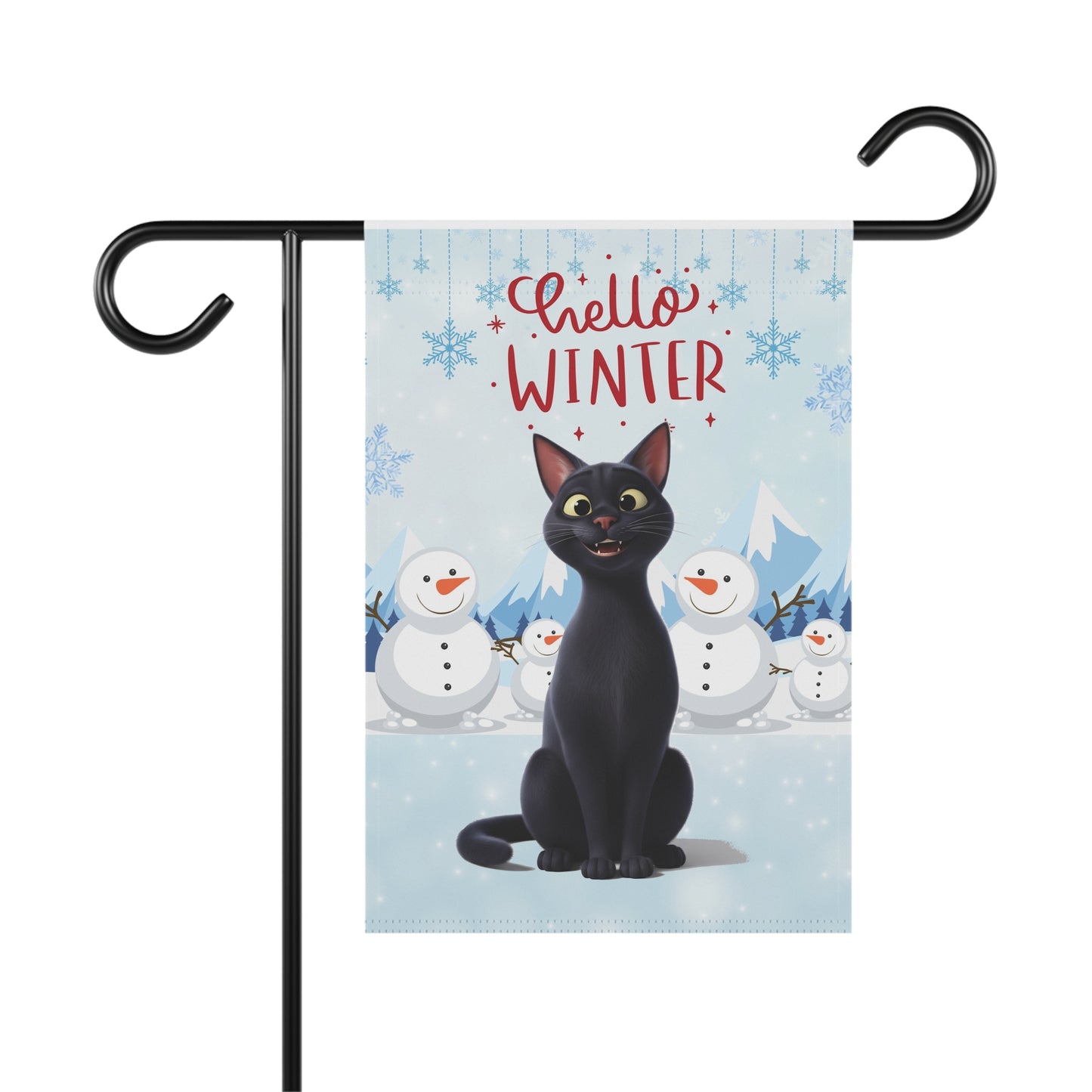 Short hair black cat Hello Winter Garden Banner