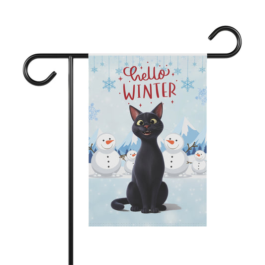 Short hair black cat Hello Winter Garden Banner