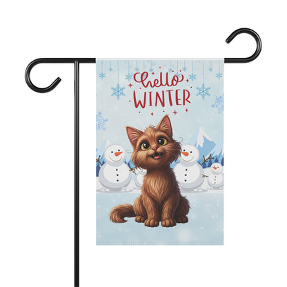 Long hair brown cat Hello Winter Garden Banner