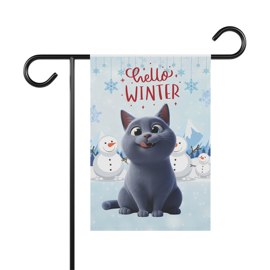Short hair gray cat Hello Winter Garden Banner