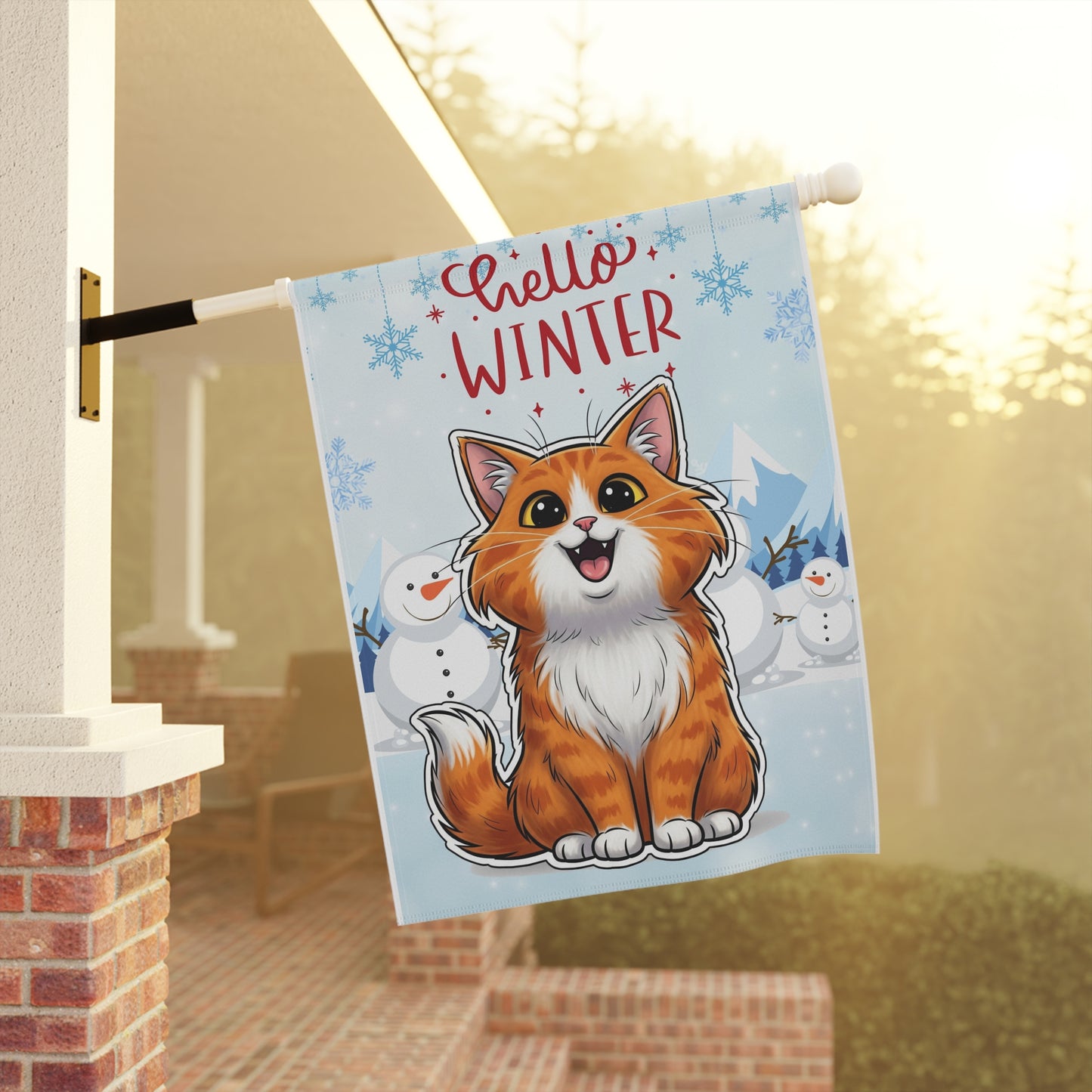 Long hair bi-color orange cat Hello Winter Garden Banner