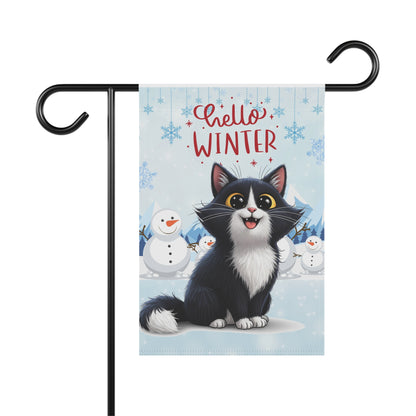 Long hair tuxedo cat Hello Winter Garden Banner