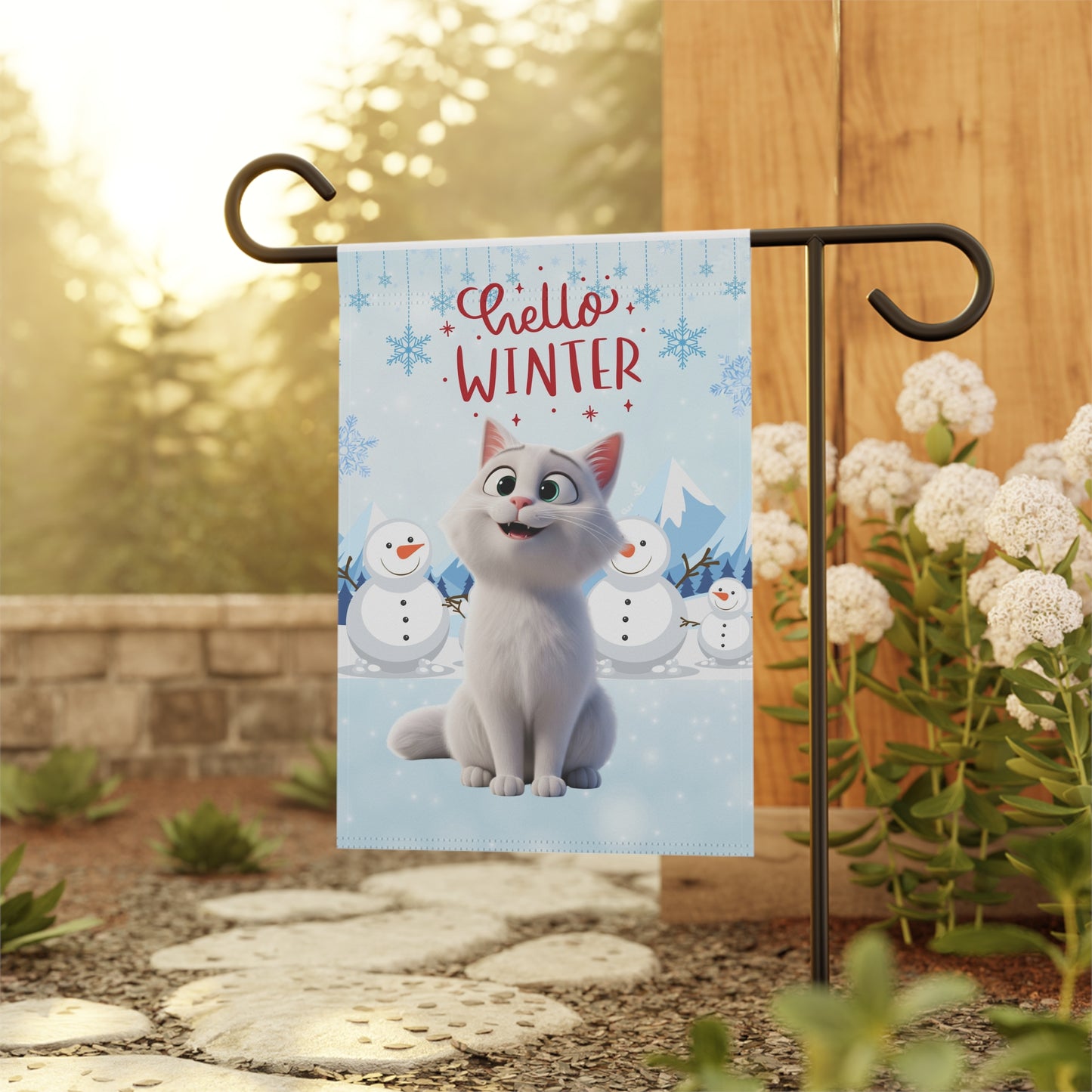 Short hair white cat Hello Winter Garden Banner