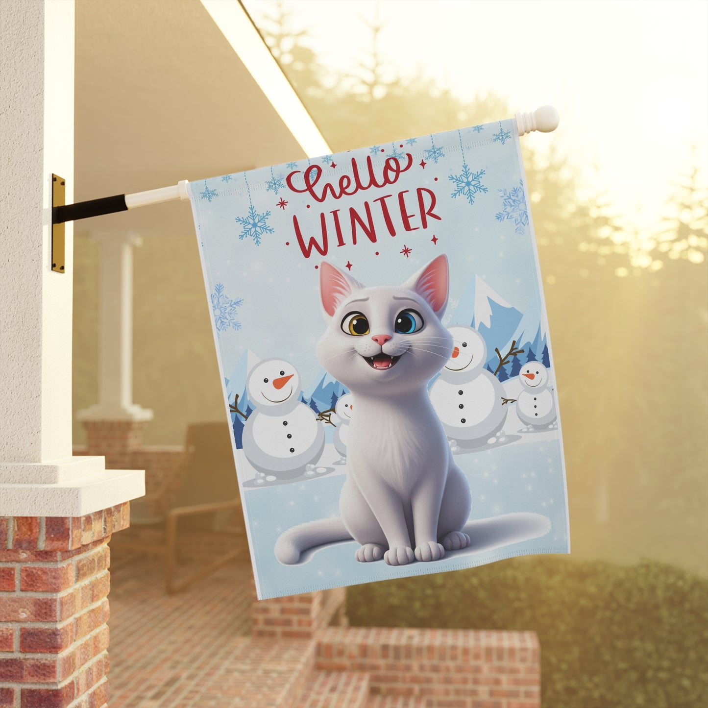 Short hair white cat Hello Winter Garden Banner