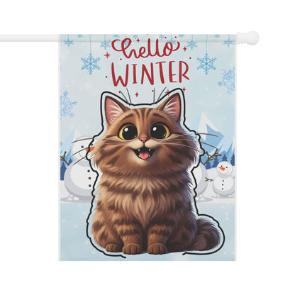 Long hair brown tabby cat Hello Winter Garden Banner