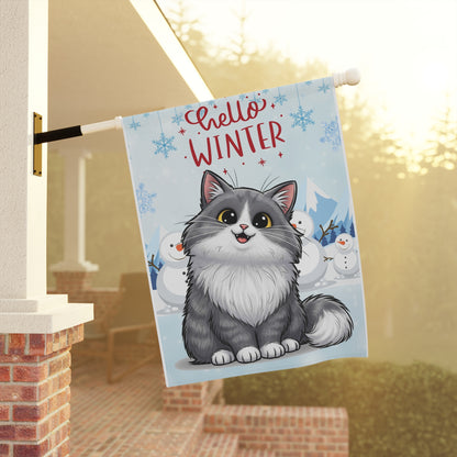 Long hair bi-color gray cat Hello Winter Garden Banner