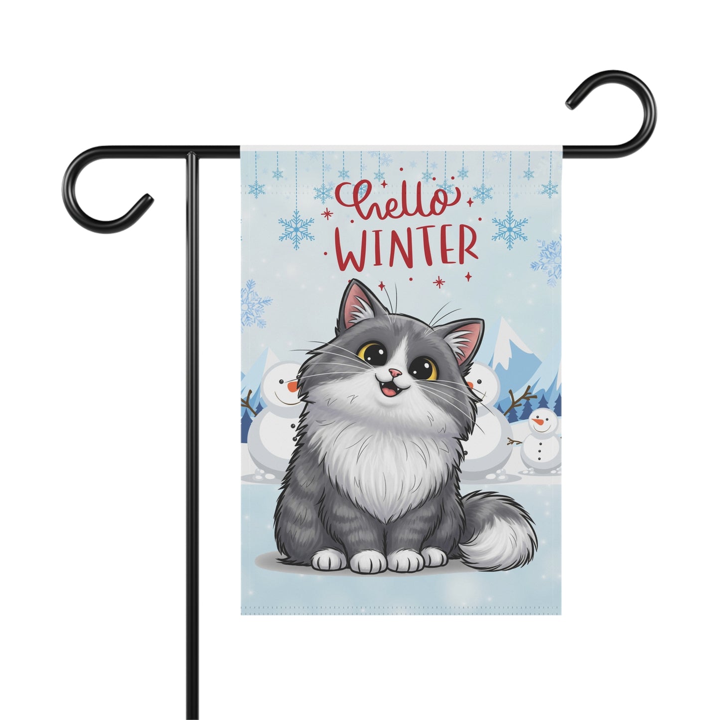 Long hair bi-color gray cat Hello Winter Garden Banner