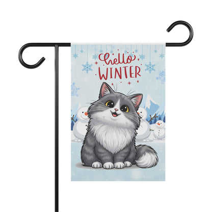 Long hair bi-color gray cat Hello Winter Garden Banner