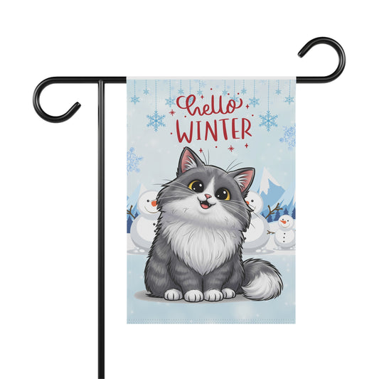 Long hair bi-color gray cat Hello Winter Garden Banner