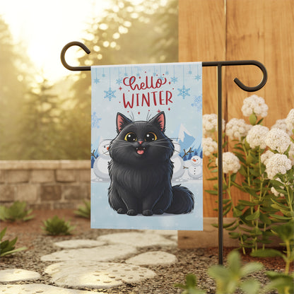 Long hair black cat Hello Winter Garden Banner