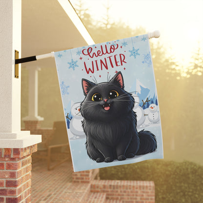 Long hair black cat Hello Winter Garden Banner