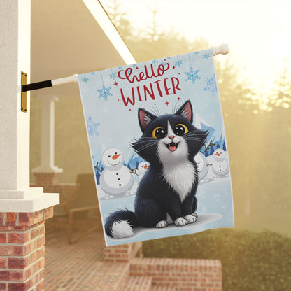 Long hair tuxedo cat Hello Winter Garden Banner