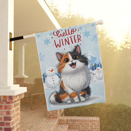 Long hair calico cat Hello Winter Garden Banner