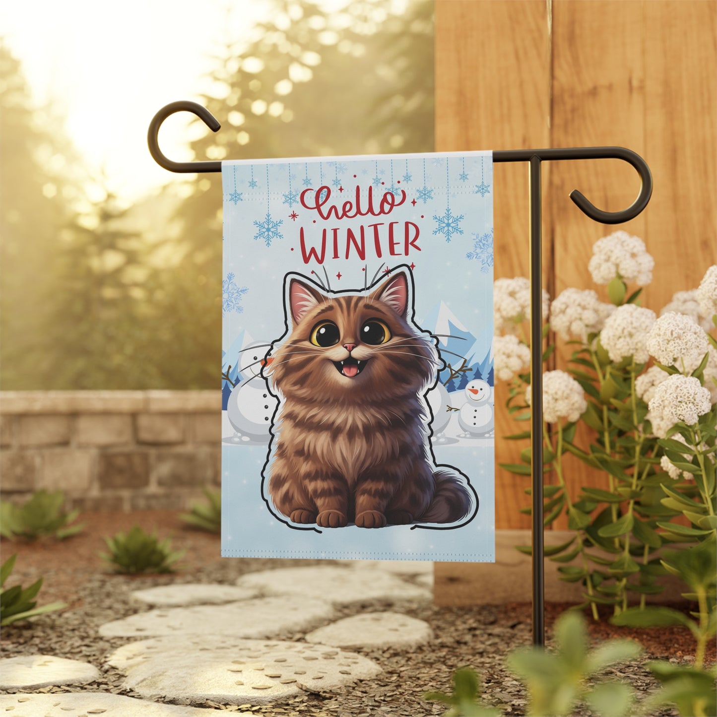 Long hair brown tabby cat Hello Winter Garden Banner