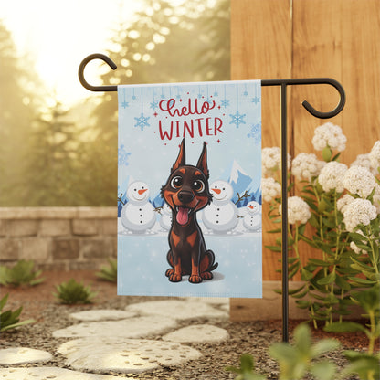 Doberman Hello Winter Garden Banner
