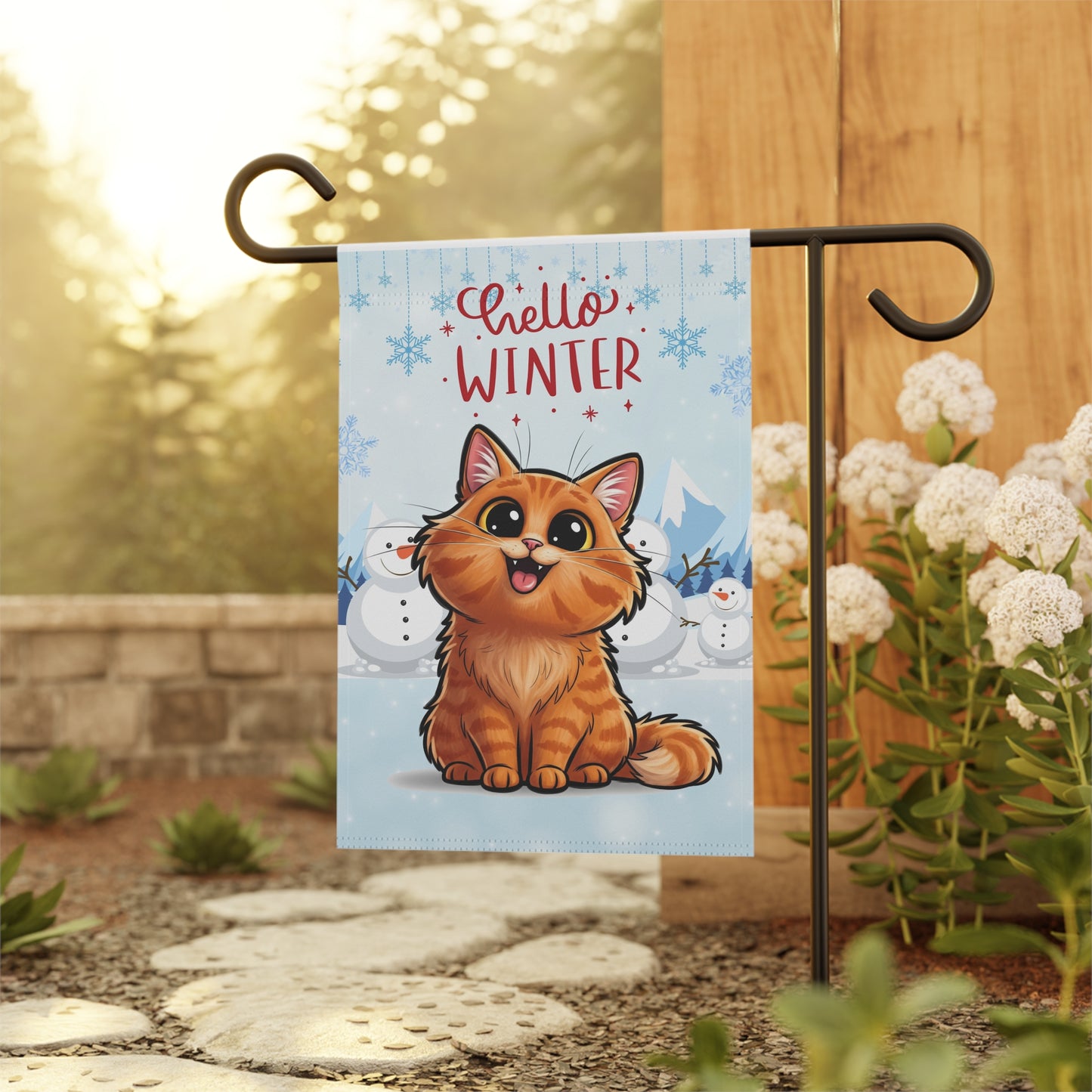 Long hair orange cat Hello Winter Garden Banner