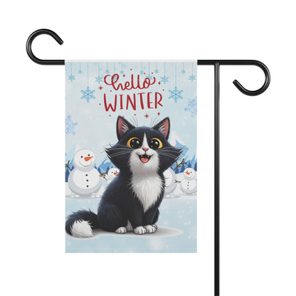 Long hair tuxedo cat Hello Winter Garden Banner