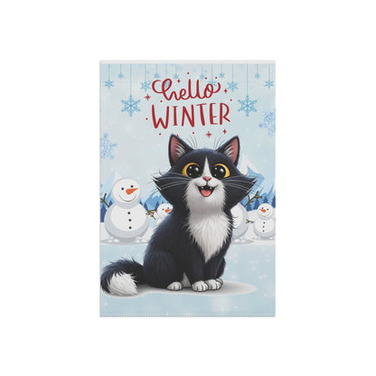 Long hair tuxedo cat Hello Winter Garden Banner