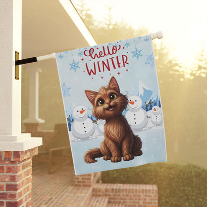 Long hair brown cat Hello Winter Garden Banner