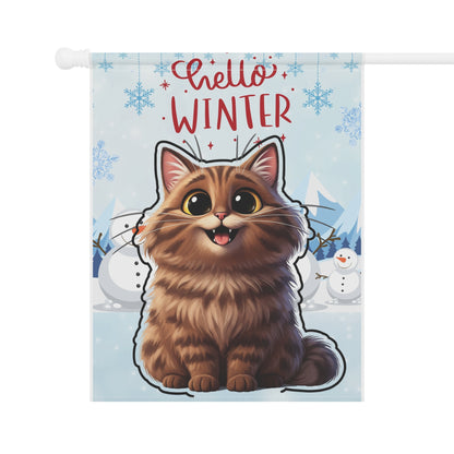 Long hair brown tabby cat Hello Winter Garden Banner