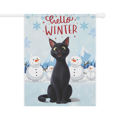 Short hair black cat Hello Winter Garden Banner