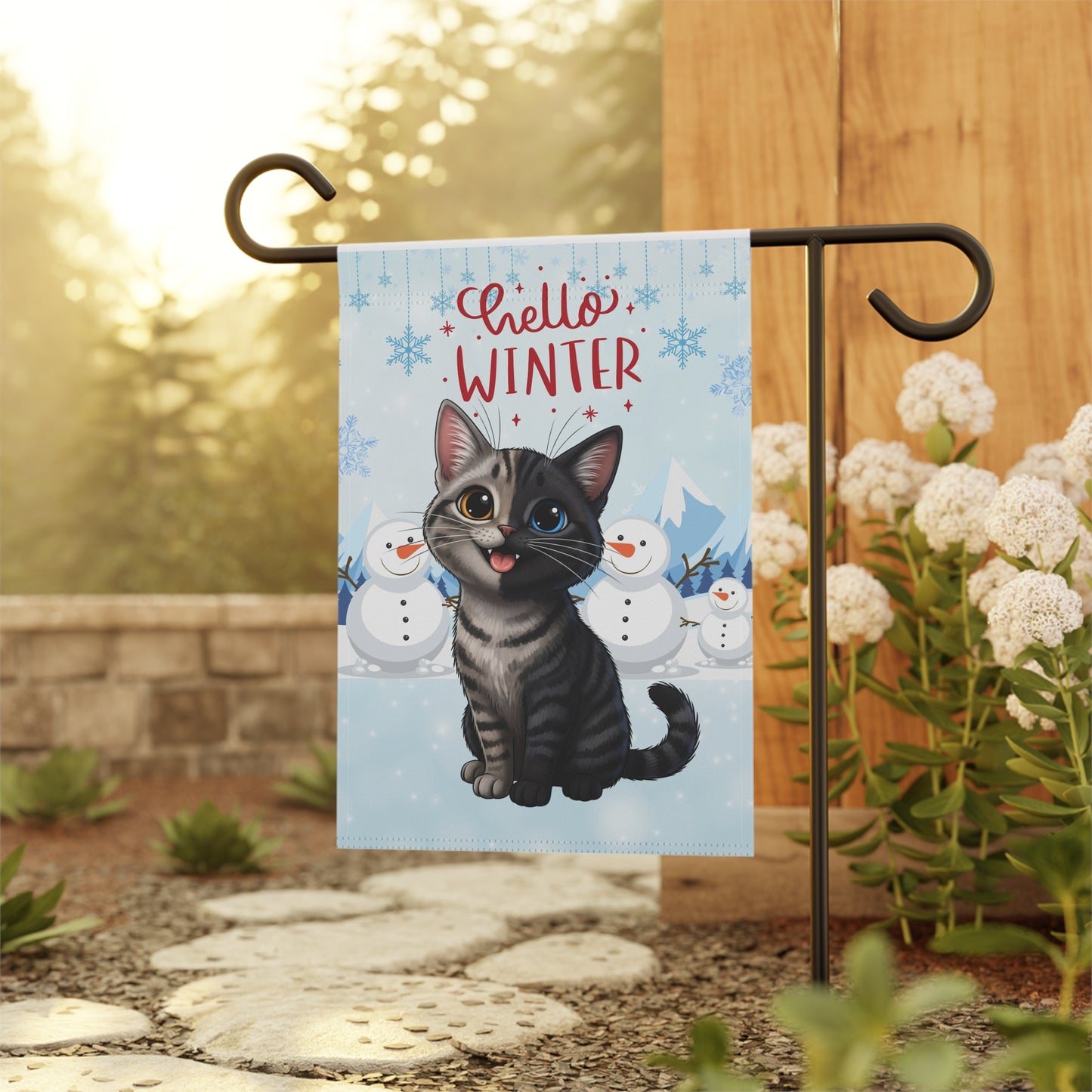 Short hair chimera cat Hello Winter Garden Banner
