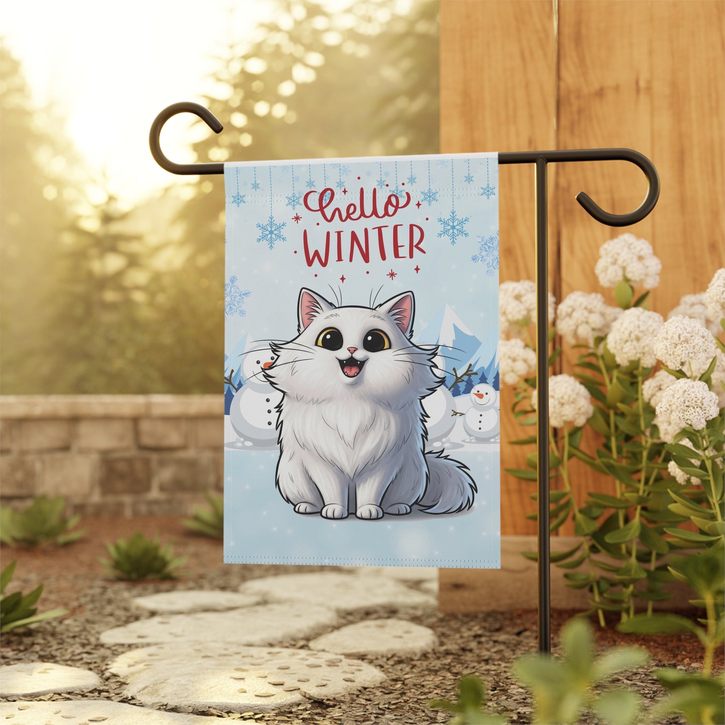 Long hair white cat Hello Winter Garden Banner