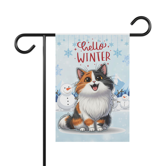 Long hair calico cat Hello Winter Garden Banner