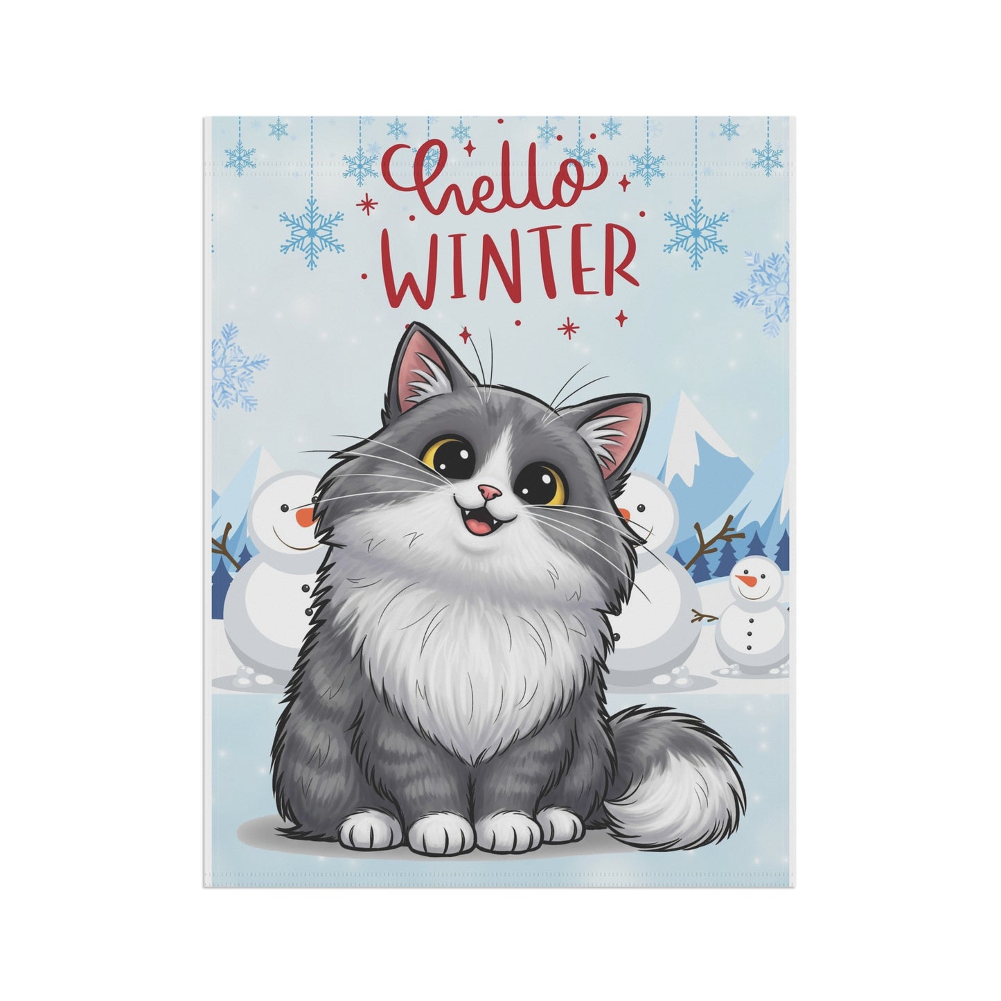 Long hair bi-color gray cat Hello Winter Garden Banner