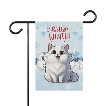 Long hair white cat Hello Winter Garden Banner