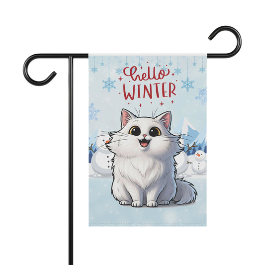 Long hair white cat Hello Winter Garden Banner