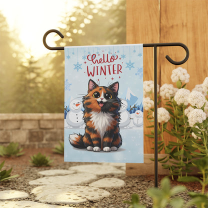 Long hair tortoiseshell cat Hello Winter Garden Banner