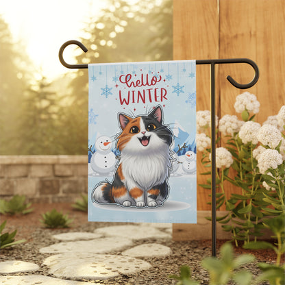 Long hair calico cat Hello Winter Garden Banner