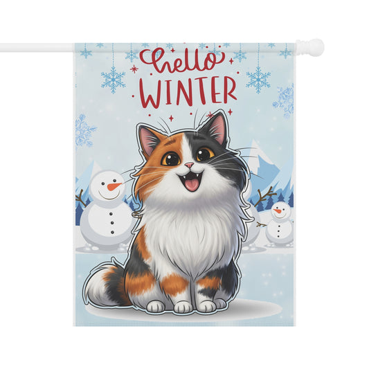 Long hair calico cat Hello Winter Garden Banner