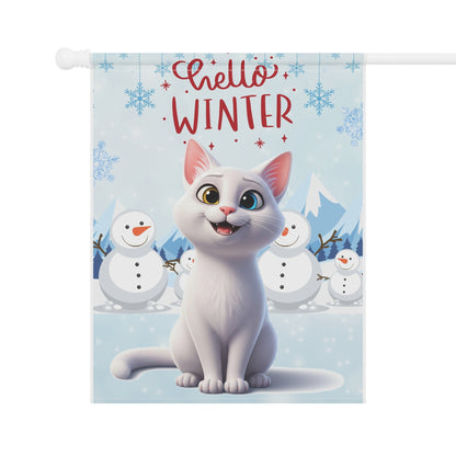 Short hair white cat Hello Winter Garden Banner