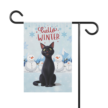 Short hair black cat Hello Winter Garden Banner