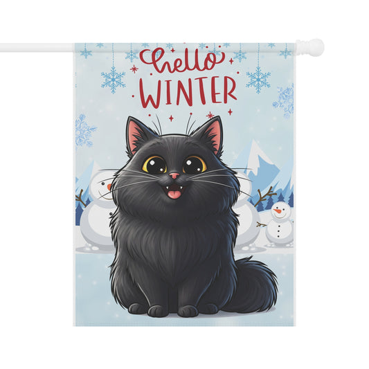 Long hair black cat Hello Winter Garden Banner