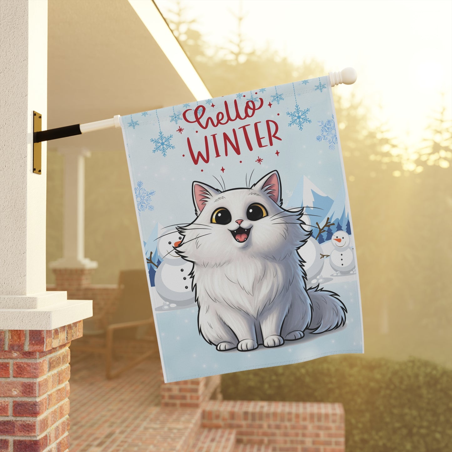 Long hair white cat Hello Winter Garden Banner