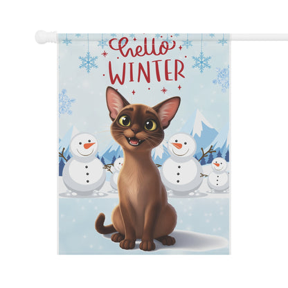 Short hair brown cat Hello Winter Garden Banner