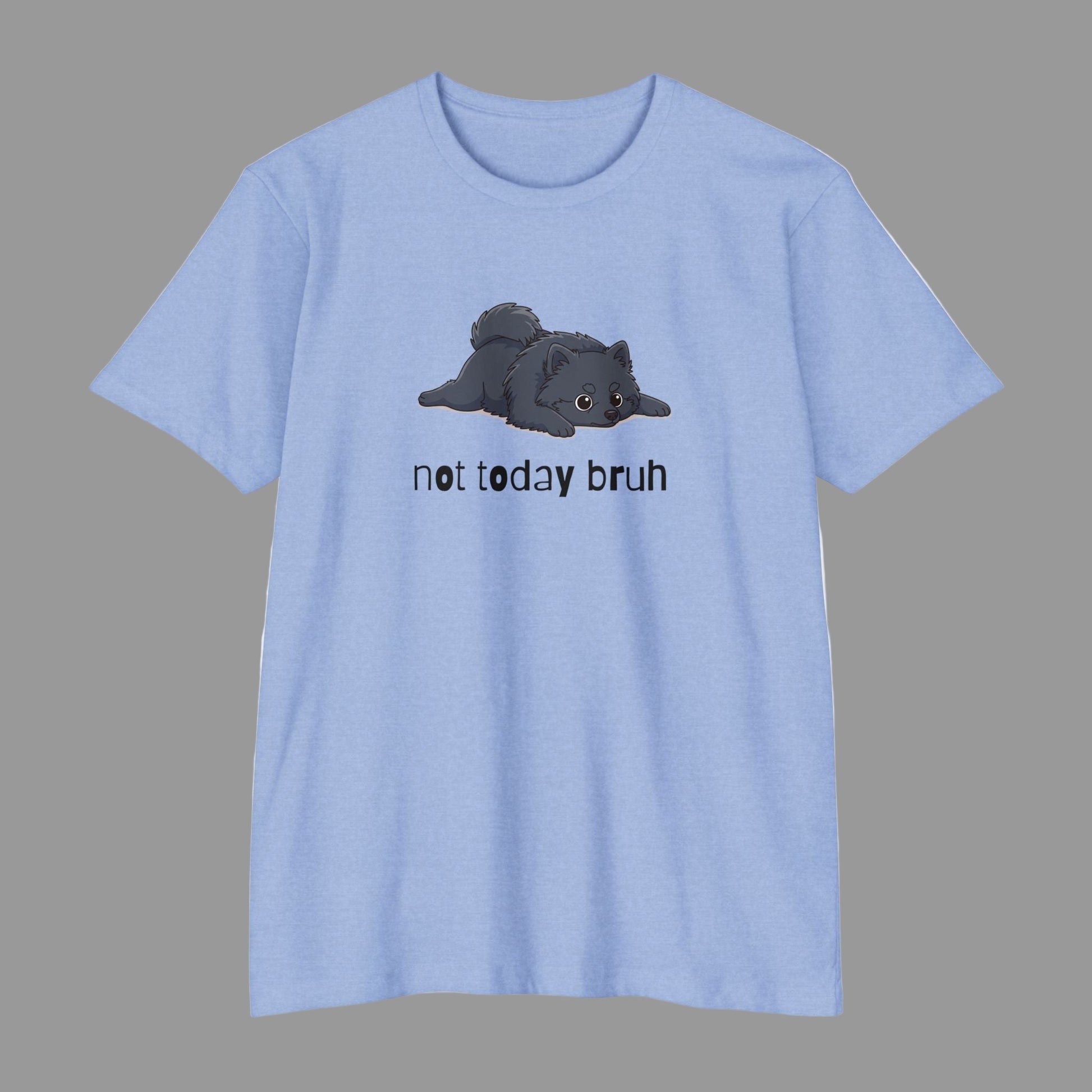 Light blue t-shirt with a cat graphic and 'not today bruh' text on a white background