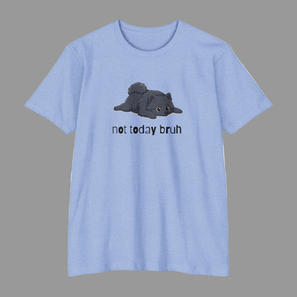 Light blue t-shirt with a cat graphic and 'not today bruh' text on a white background