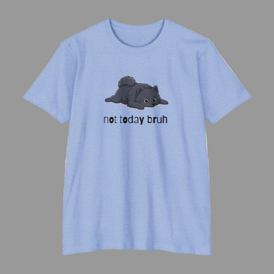 Light blue t-shirt with a cat graphic and 'not today bruh' text on a white background