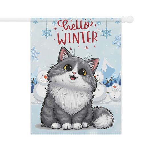 Long hair bi-color gray cat Hello Winter Garden Banner