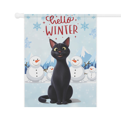 Short hair black cat Hello Winter Garden Banner