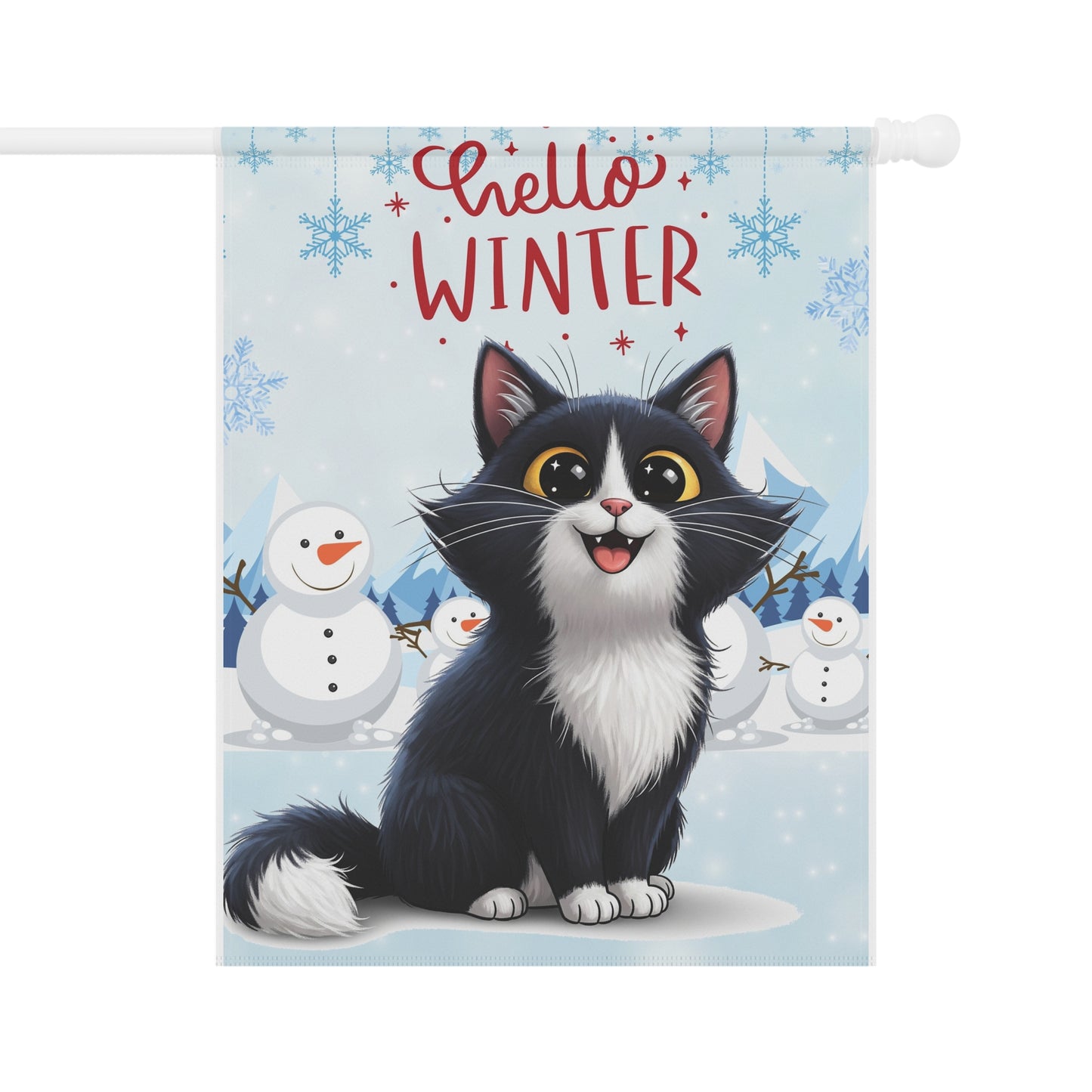 Long hair tuxedo cat Hello Winter Garden Banner
