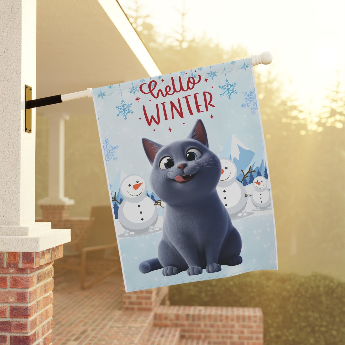 Short hair gray cat Hello Winter Garden Banner